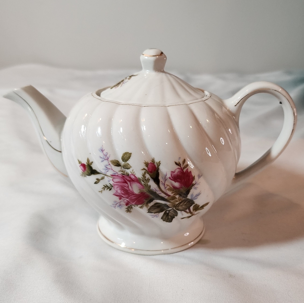 Vintage White Porcelain Teapot with a Pink Rose Pattern Gold Trim Minor Flaws